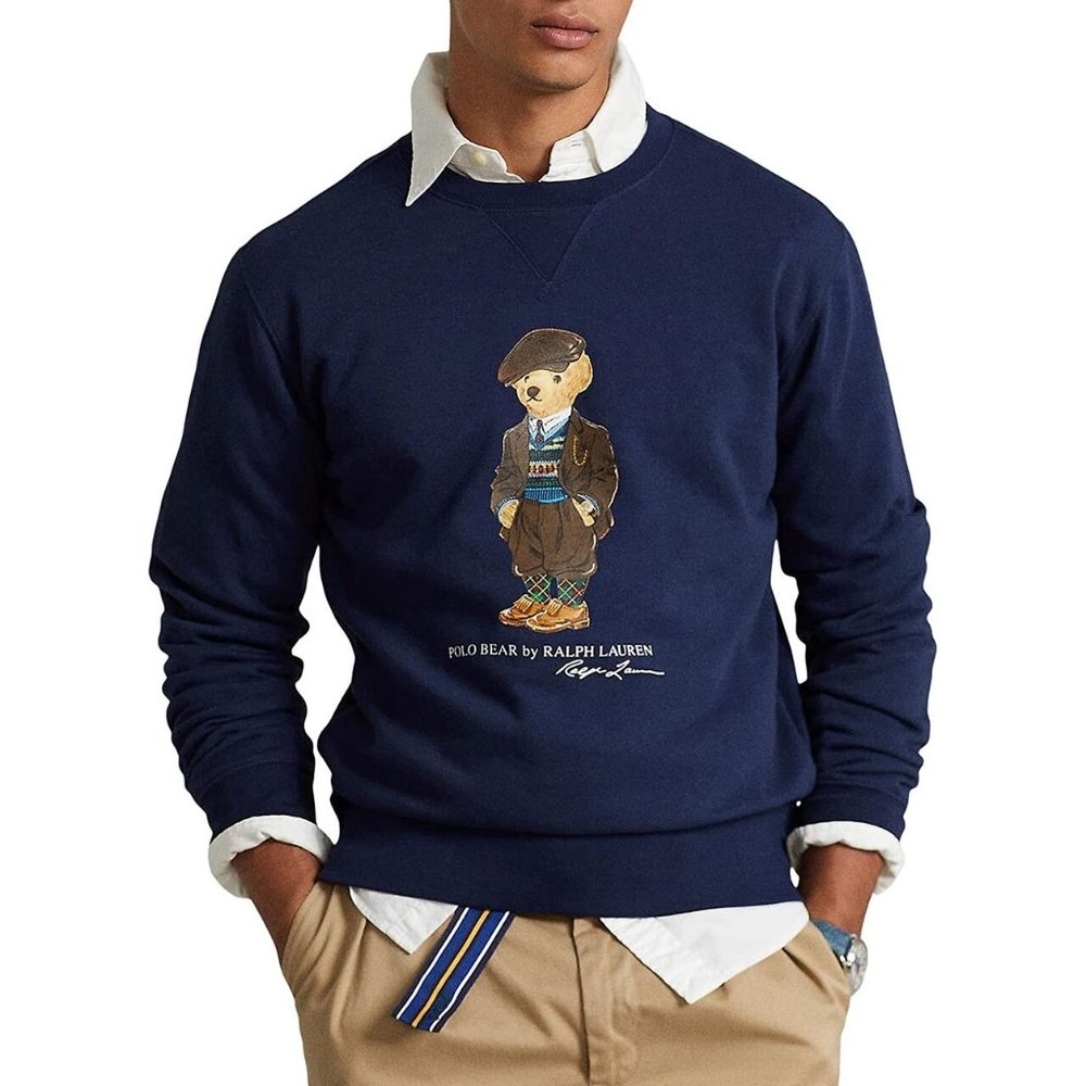 Polo Ralph Lauren Heritage Bear Print Fleece Sweater Men's XXL LT Navy Blue